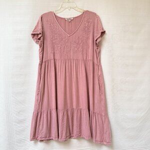 Solitaire Pink Embroidered Dress Womens Large Mini Tiered Boho Fairy Romantic